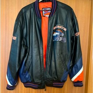 All leather “Denver Broncos” black and navy leather coat, fully lined